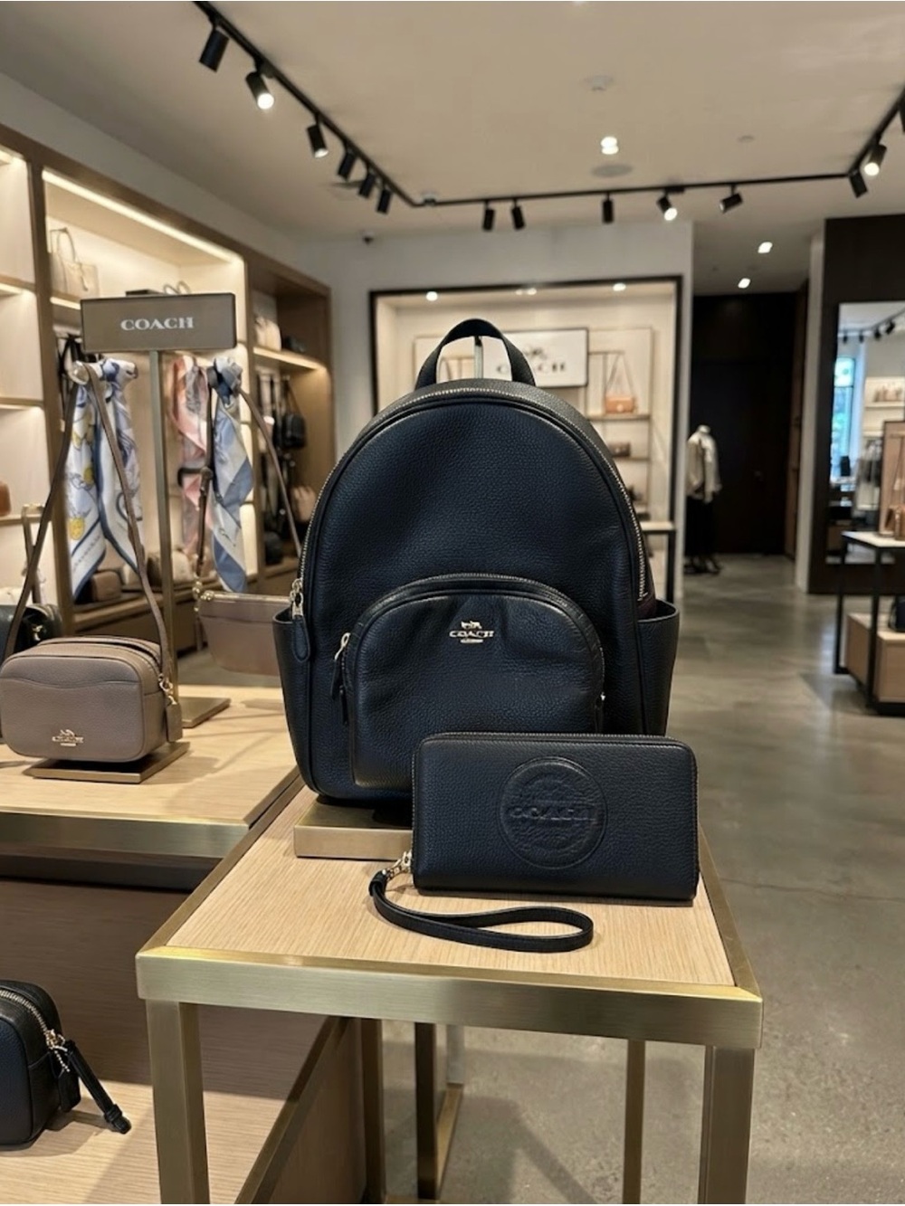 Coach Court Black Pebbled Leather Backpack with Wristlet Wallet Set